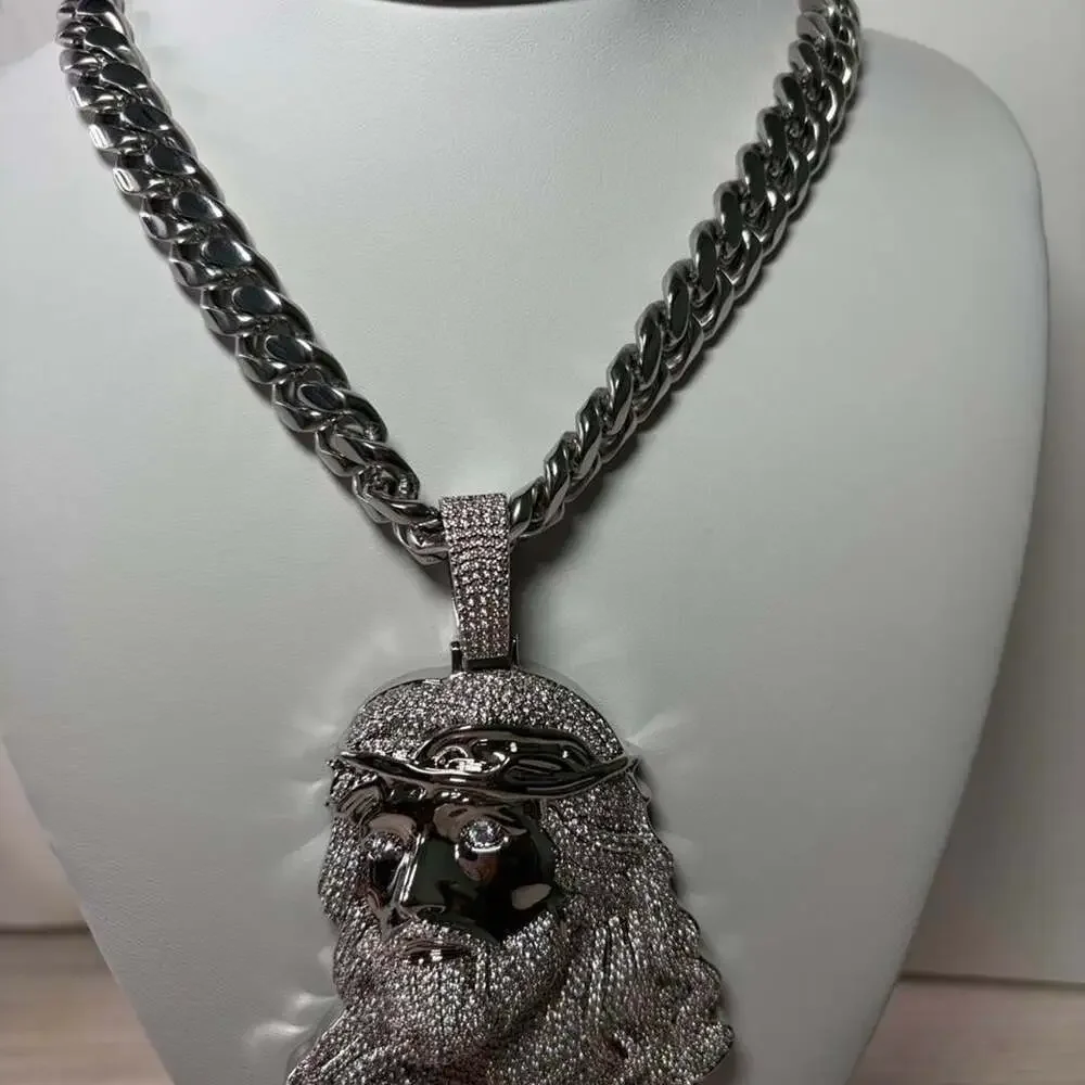 Silver Iced Out Jesus Pendant Necklace with Cuban Link Chain 20inch